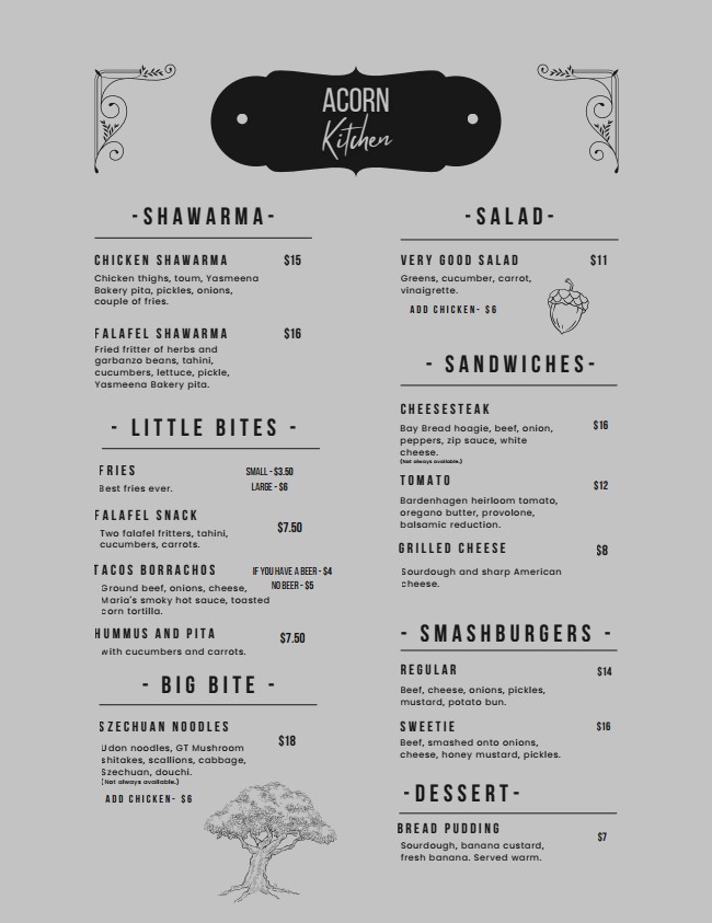 Acorn Kitchen Menu