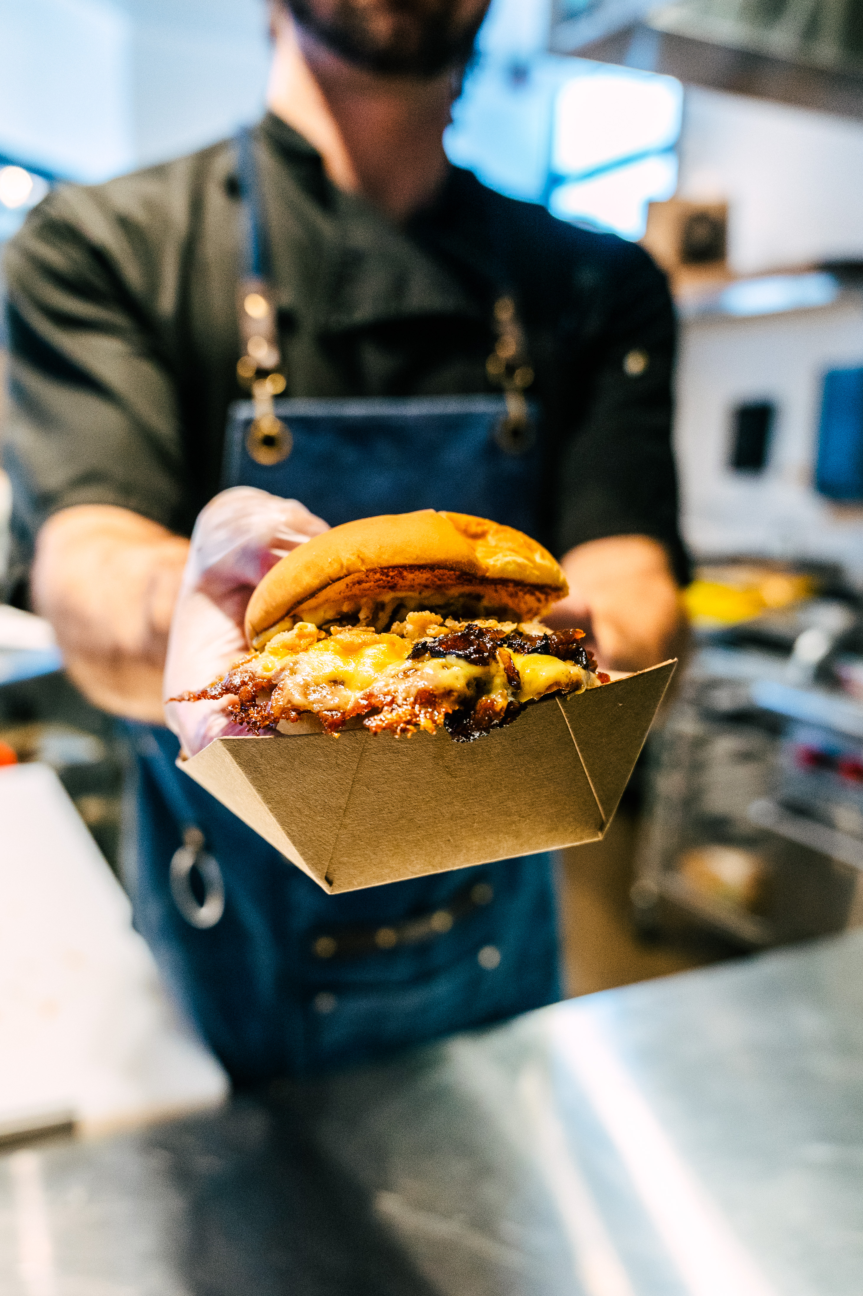 Smash burger served in the kitchen